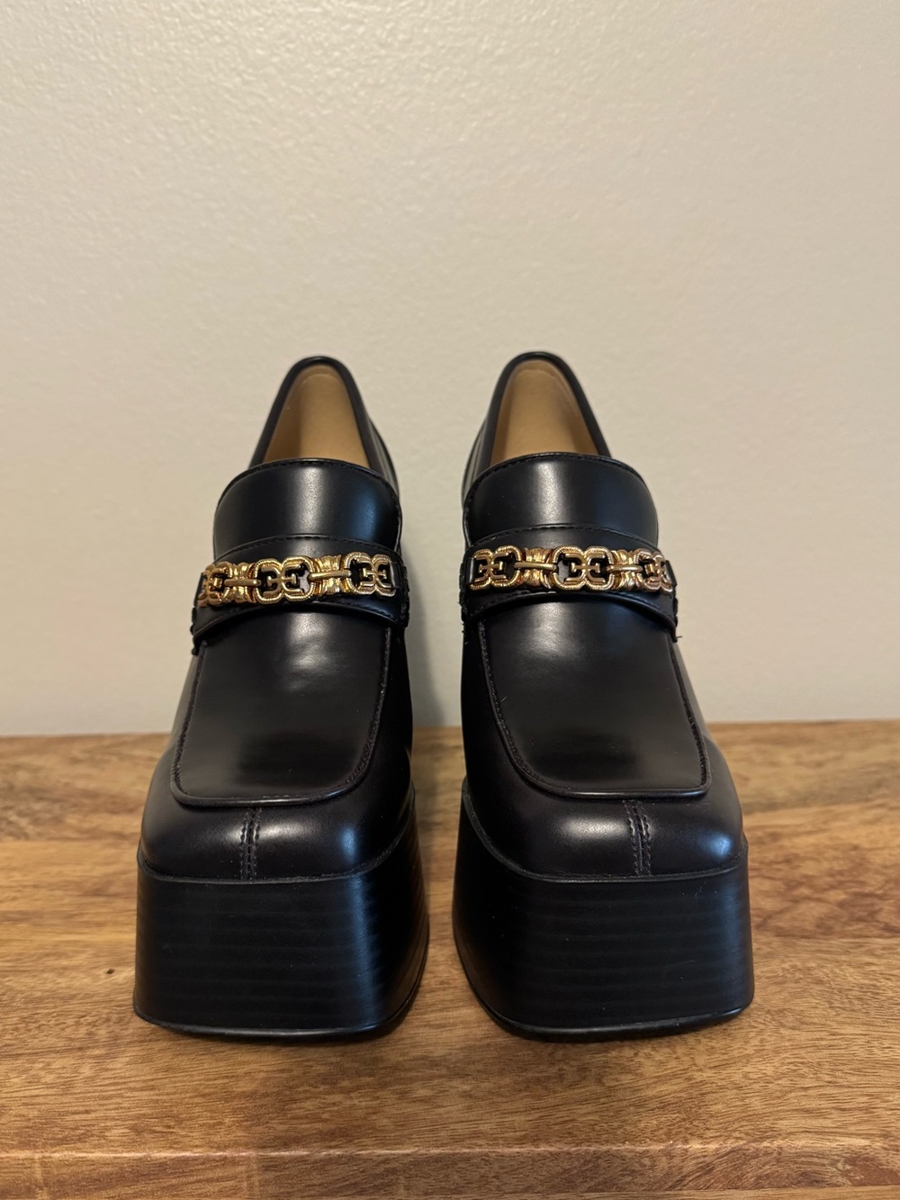 Sam Edelman Black Leather Platform Loafers with Gold Chain